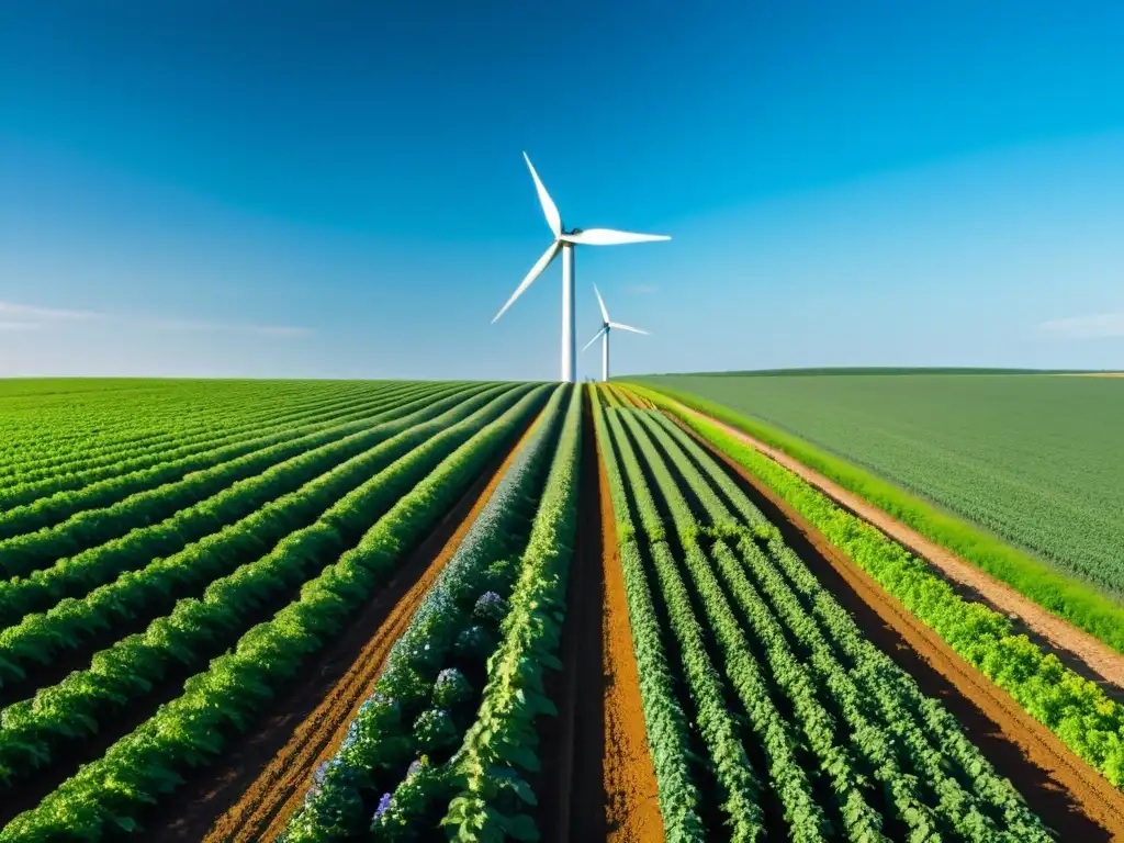 Un campo orgánico bañado por el sol, con cultivos verdes y un molino eólico moderno al fondo