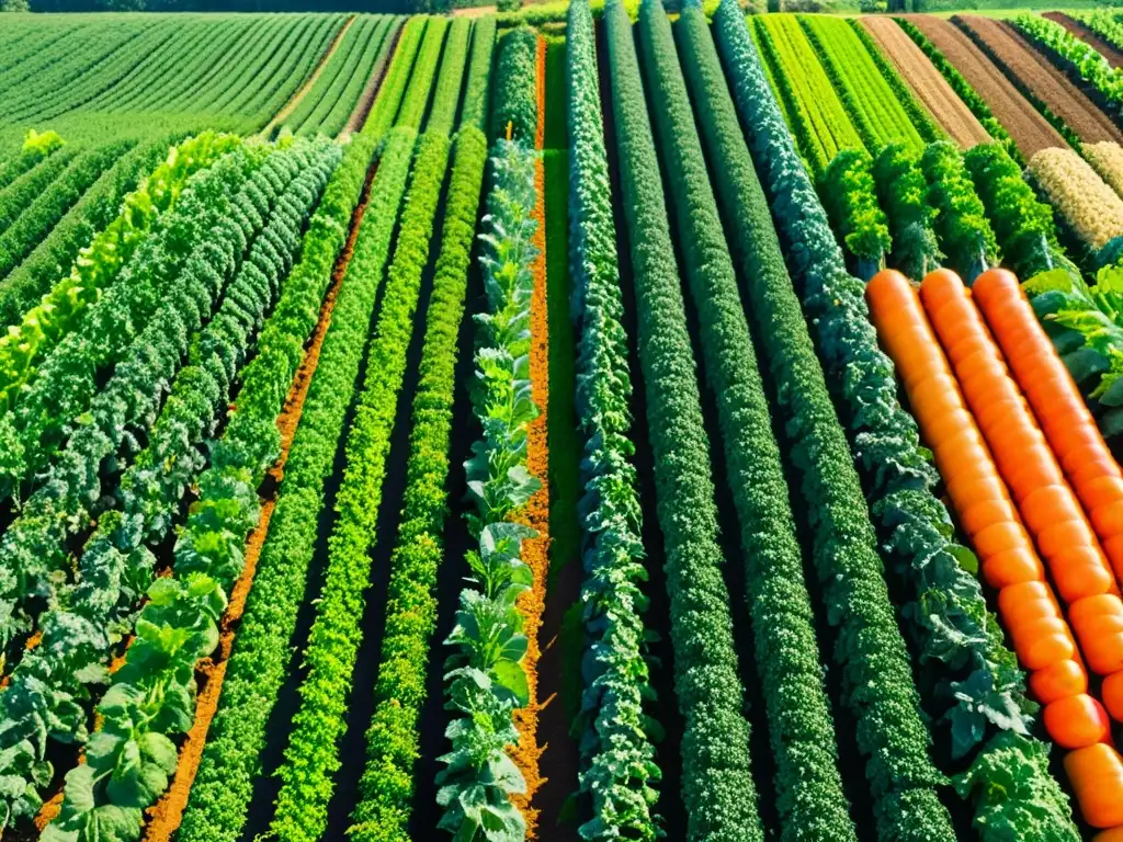 Un campo orgánico bañado por el sol con cultivos de tomates, lechugas y zanahorias