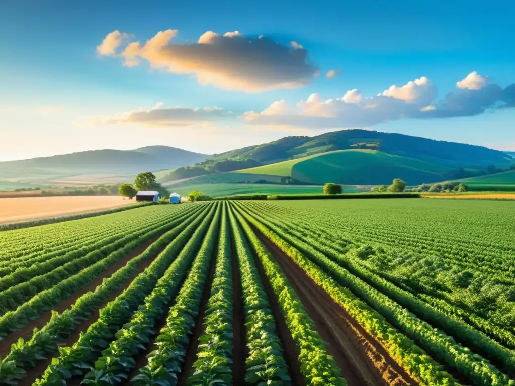 Un campo orgánico bañado por el sol, con cultivos verdes en filas, y un agricultor cuidadoso