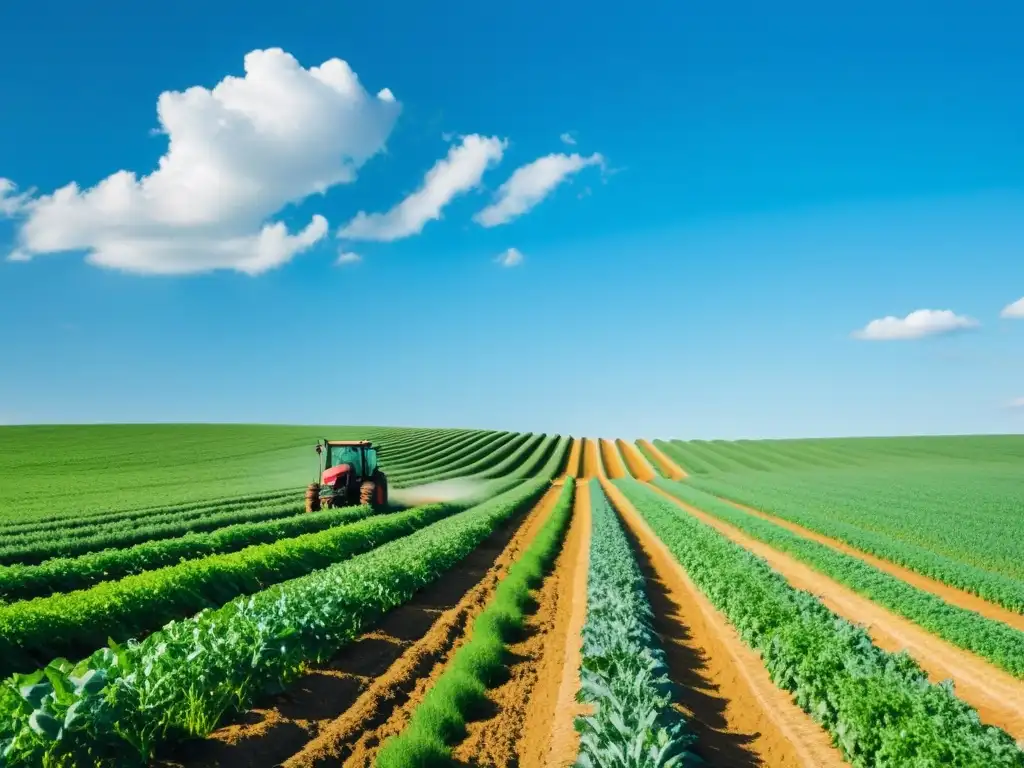 Un campo orgánico bañado por el sol, con cultivos verdes y agricultores al fondo