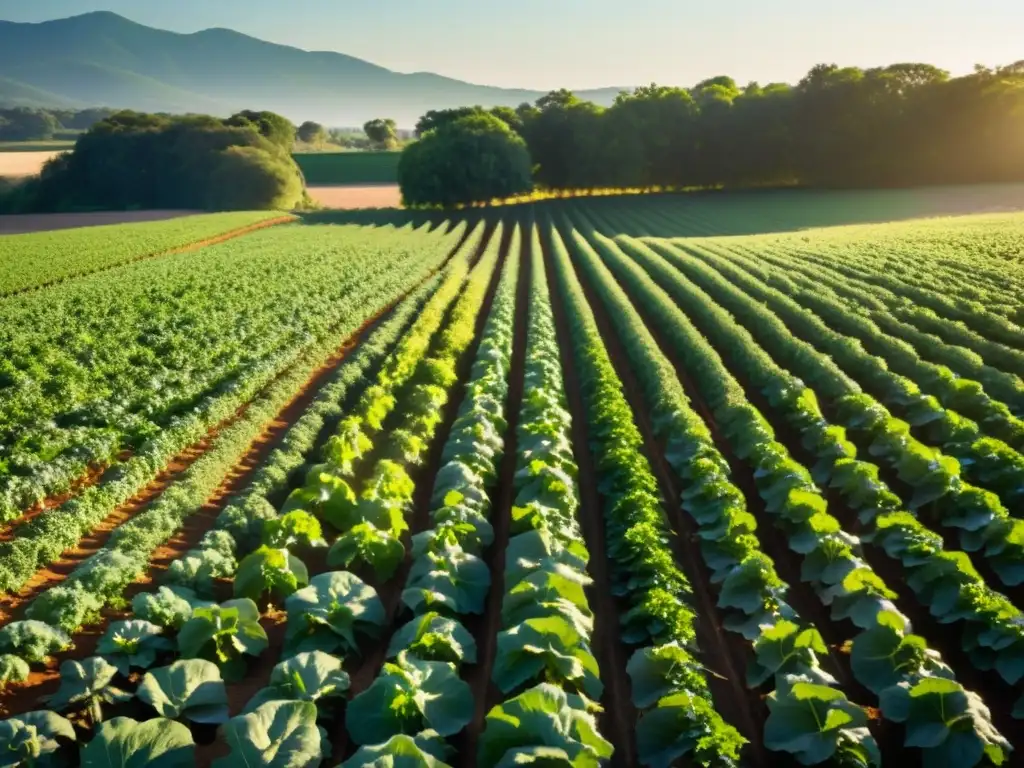 Un campo orgánico bañado por el sol con hortalizas vibrantes y labradores en sombreros de ala ancha