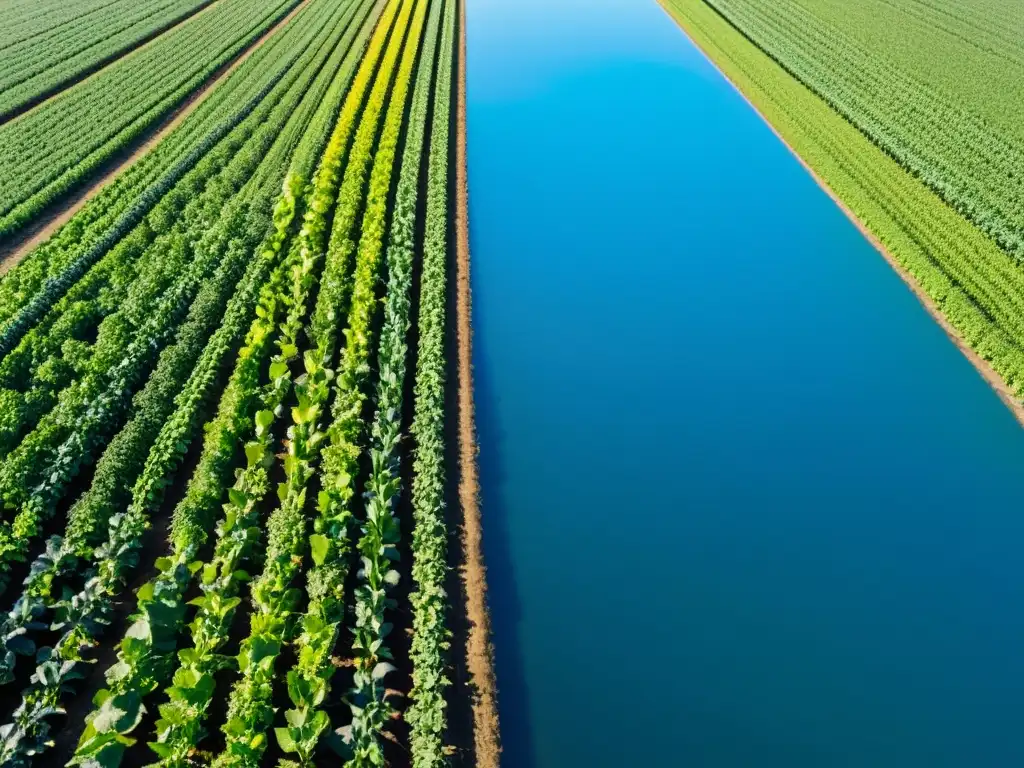 Un campo orgánico bañado por el sol, con cultivos verdes en armonía bajo un cielo azul