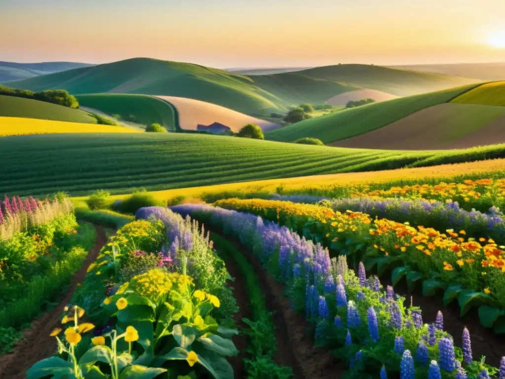 Campo orgánico certificado, verde y exuberante, bañado por el sol