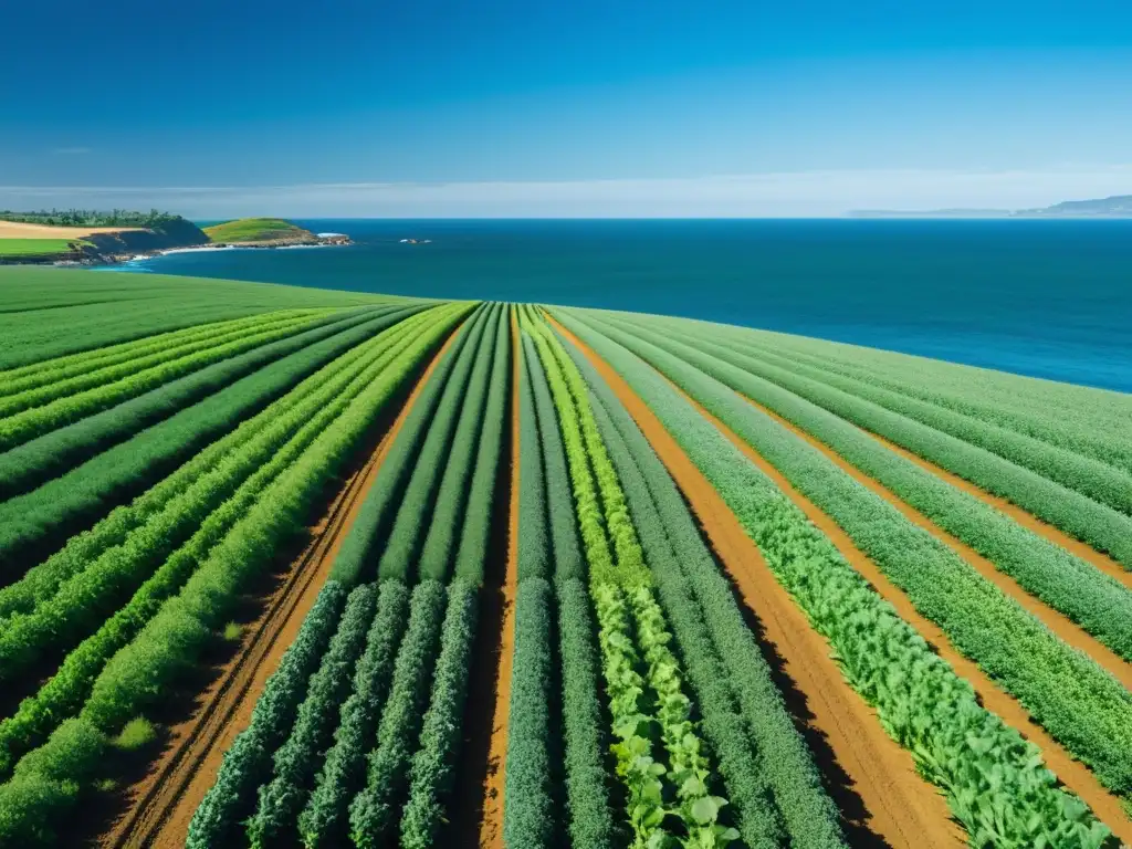 Un campo orgánico costero con cultivos verdes frente al mar, reflejando el manejo de granjas orgánicas costeras en un entorno sereno y sostenible