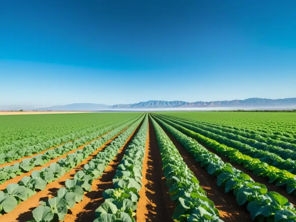 Campo orgánico con cultivos vibrantes bajo un cielo azul claro