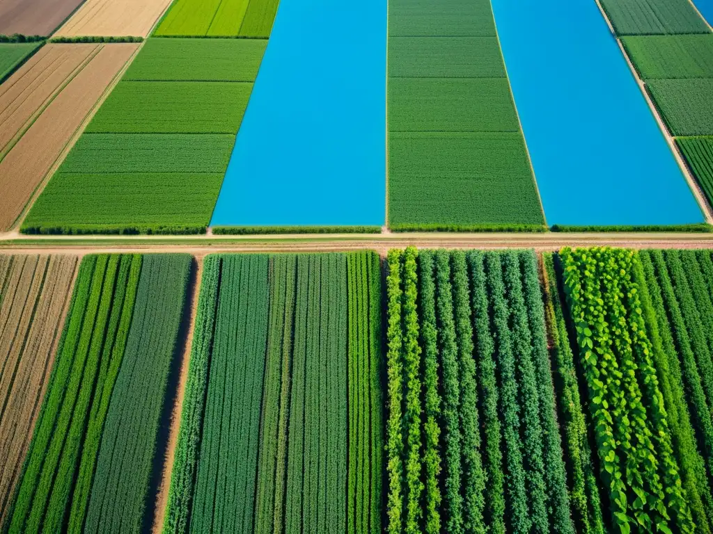 Campo orgánico diverso con leguminosas vibrantes, cielo azul claro