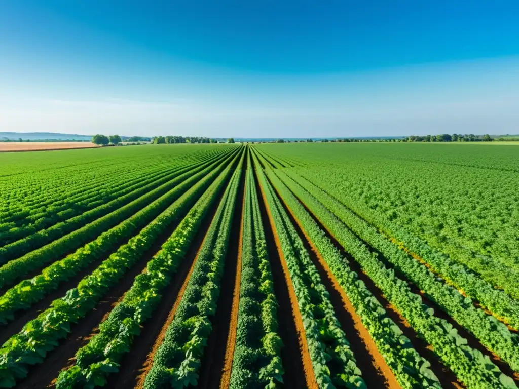 Un campo orgánico extenso y exuberante con cultivos ordenados bajo el cielo azul