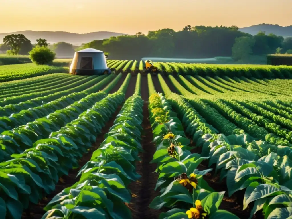 Un campo orgánico exuberante bañado por la cálida luz del atardecer, donde la realidad aumentada se fusiona con la agricultura tradicional