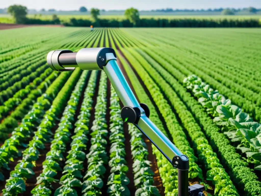 Un campo orgánico exuberante y bañado por el sol, con filas de cultivos verdes vibrantes que se extienden hacia el horizonte