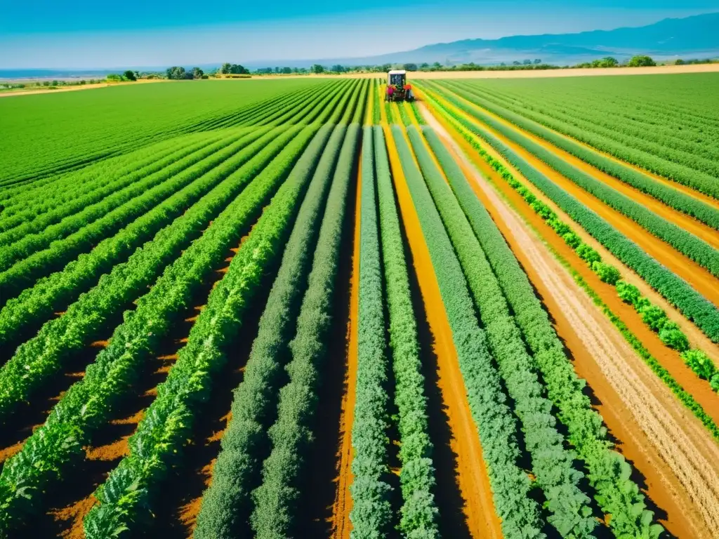 Un campo orgánico exuberante bañado por el sol con cultivos vibrantes y un agricultor trabajando, fusionando tradición con tecnología vanguardia