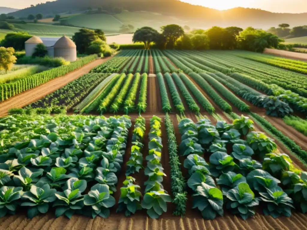 Un campo orgánico exuberante bañado en luz dorada al atardecer, muestra la belleza y abundancia de la certificación orgánica estándares salud planeta