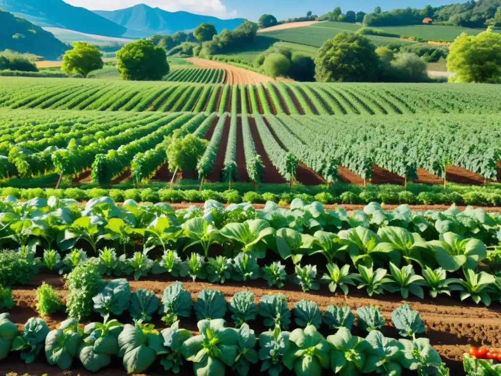 Un campo orgánico exuberante bañado por el sol, con cultivos verdes en filas ordenadas