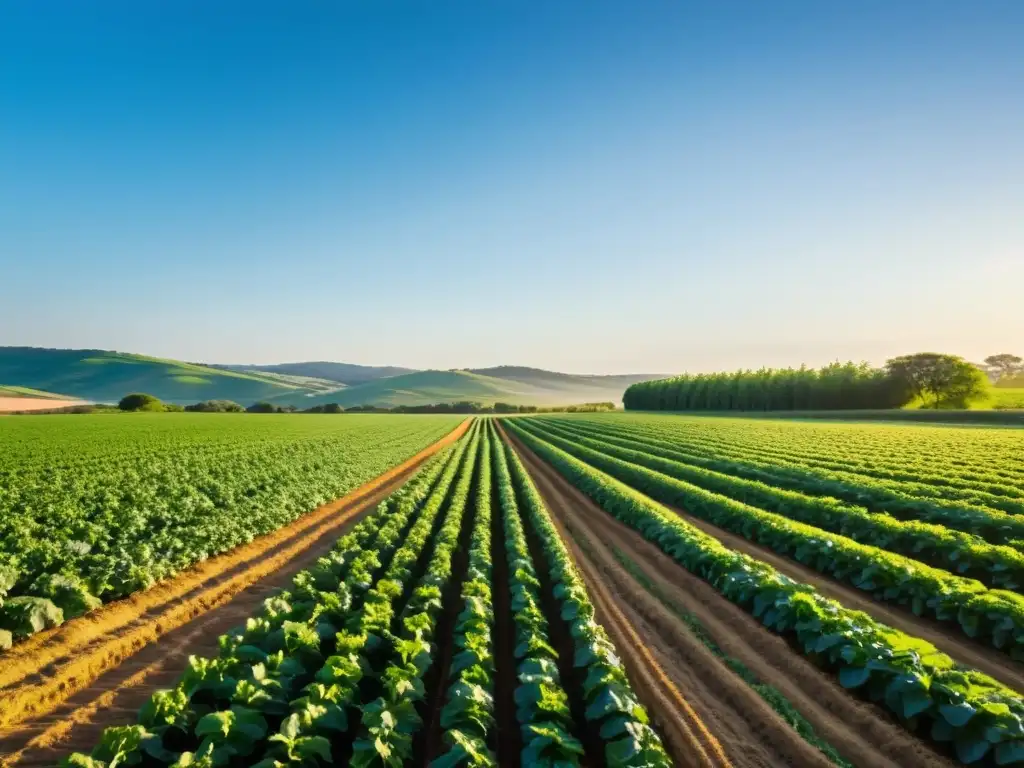 Un campo orgánico exuberante bañado por la suave luz dorada, evocando paz y armonía