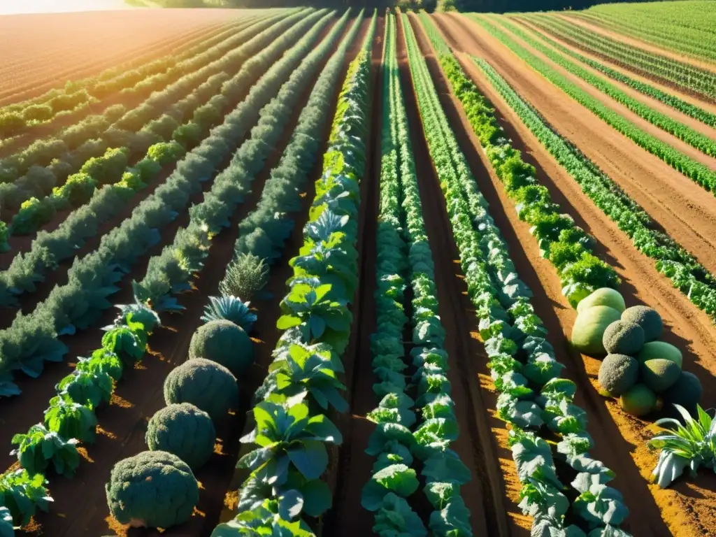 Un campo orgánico exuberante, bañado por el sol, muestra la belleza y abundancia de los alimentos saludables y orgánicos