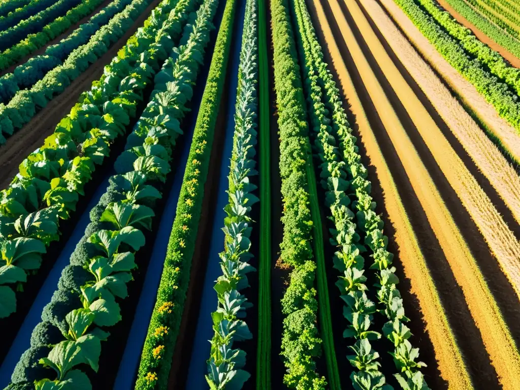 Un campo orgánico exuberante se extiende bajo el cielo azul, mostrando el impacto de los alimentos orgánicos en la huella de carbono