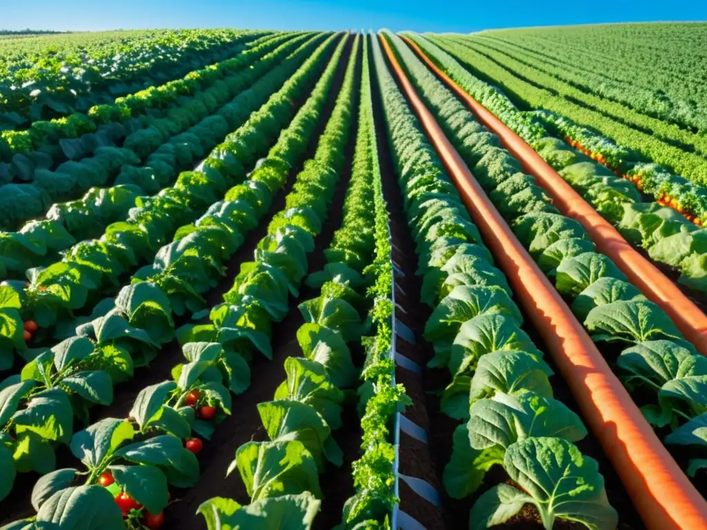 Campo orgánico exuberante bajo cielo azul, con cultivos de tomates, lechugas y zanahorias