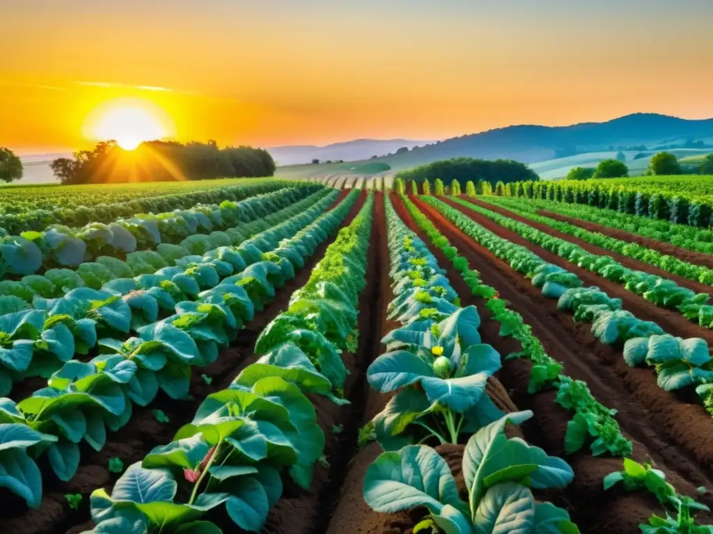 Un campo orgánico exuberante y colorido con hortalizas maduras, bañado por la cálida luz del atardecer