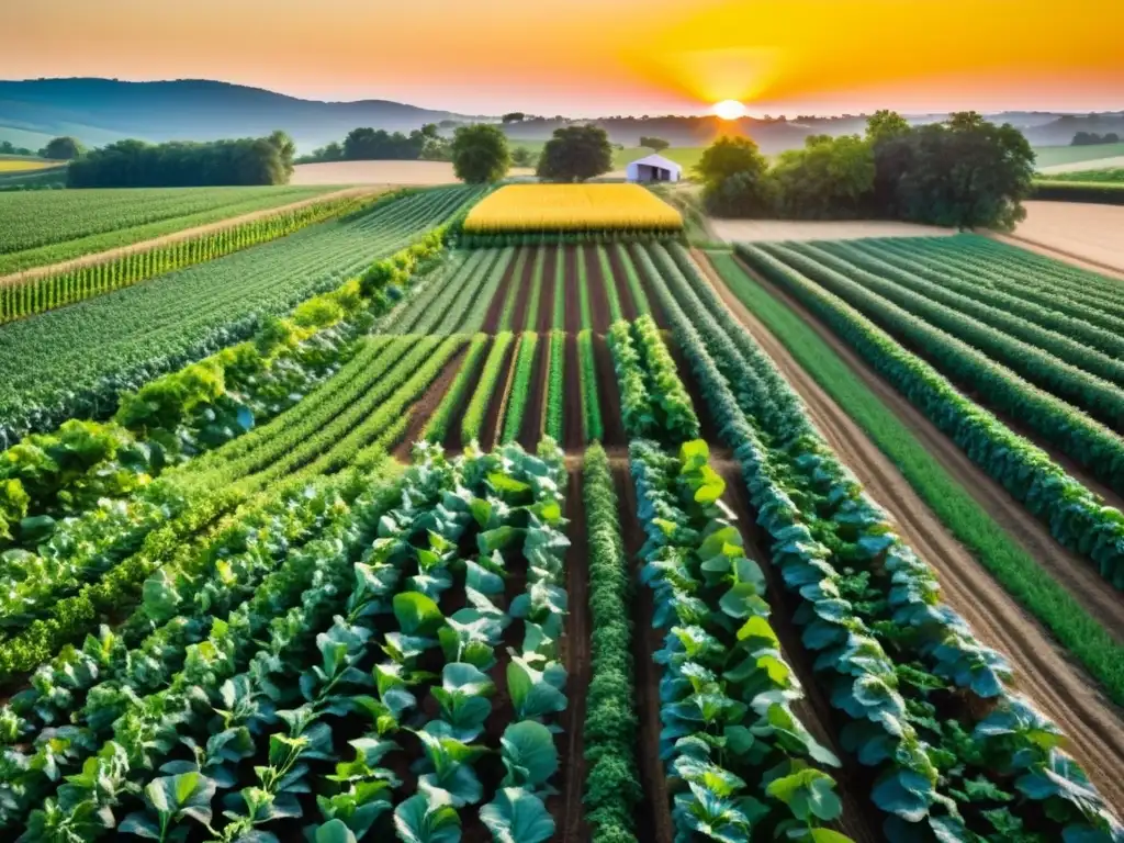 Un campo orgánico exuberante y colorido bañado por la cálida luz del sol, capturando la belleza idílica de la transición a granjas orgánicas