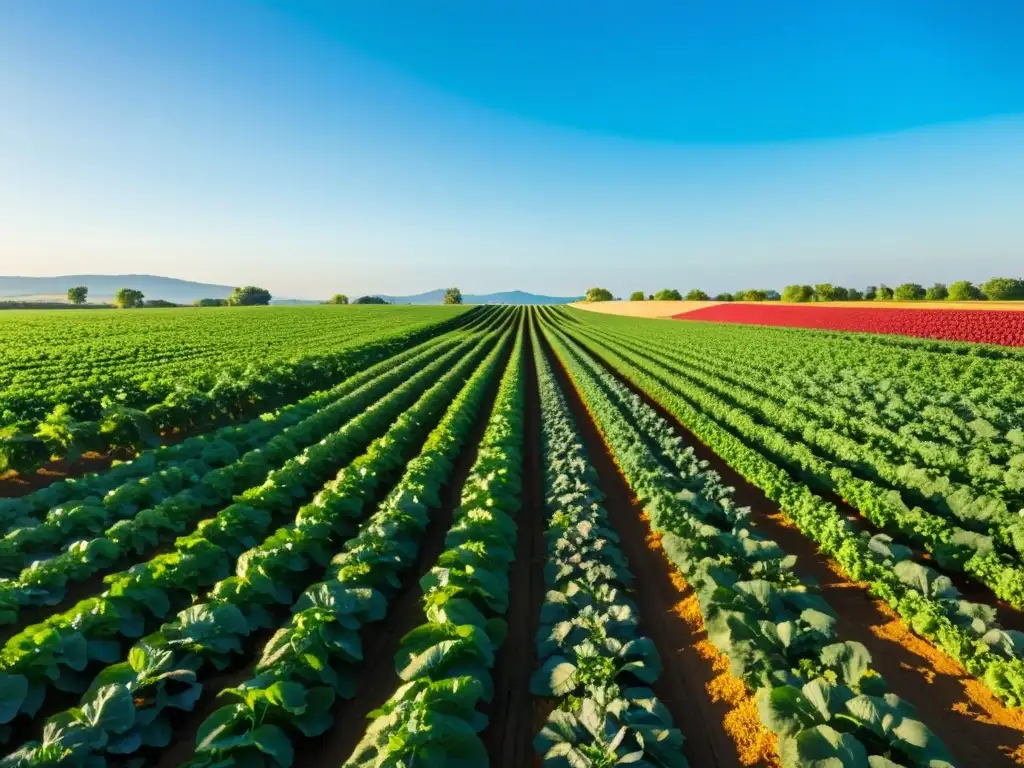 Un campo orgánico exuberante y colorido bajo el sol, evocando belleza natural y prácticas agrícolas sostenibles