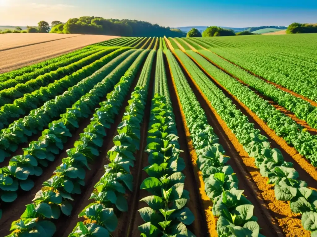 Campo orgánico exuberante con cultivos vibrantes, luz dorada, armonía natural de abejas y mariposas