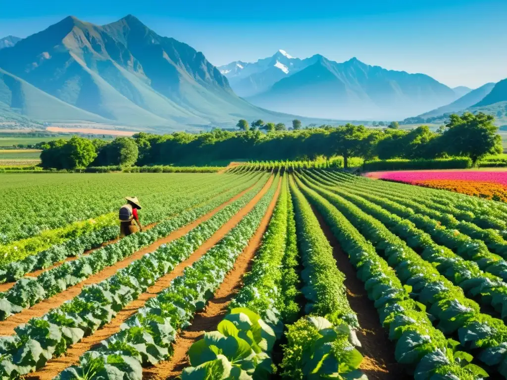 Un campo orgánico exuberante con cultivos ordenados y montañas lejanas bajo un cielo azul