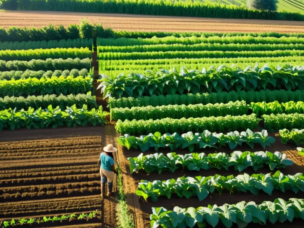 Un campo orgánico exuberante con cultivos verdes y control de malezas en agricultura orgánica, reflejando armonía y cuidado meticuloso por la tierra