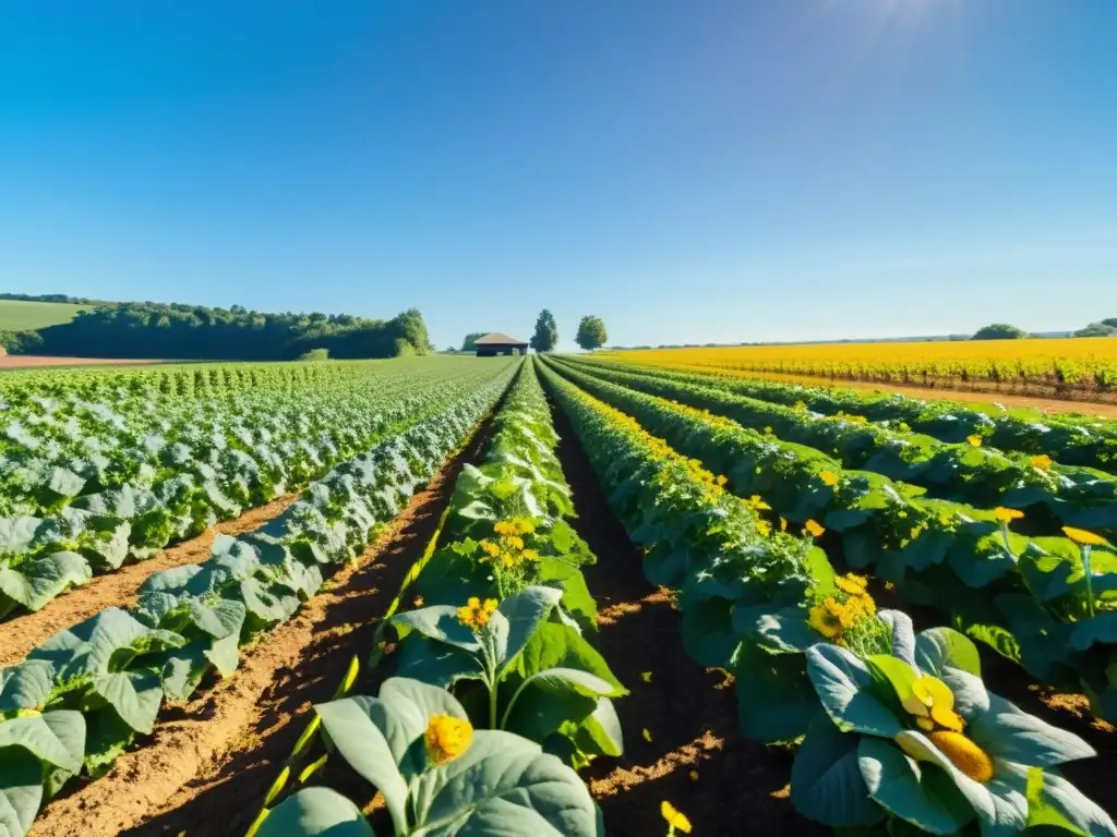 Campo orgánico exuberante con cultivos diversos bajo cielo azul