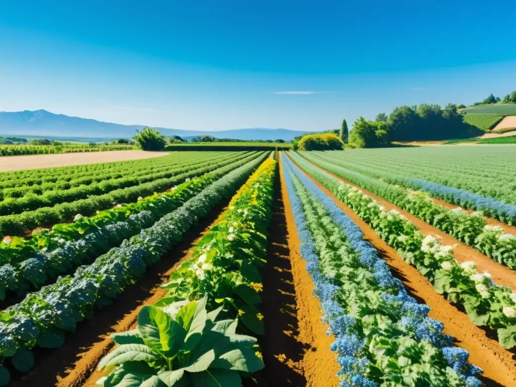 Un campo orgánico exuberante con cultivos variados bajo el cielo azul