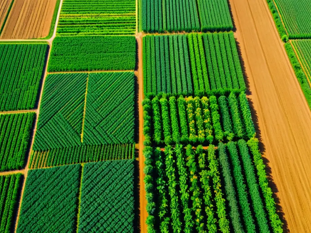 Un campo orgánico exuberante con cultivos ordenados y un dron agrícola sobrevolando