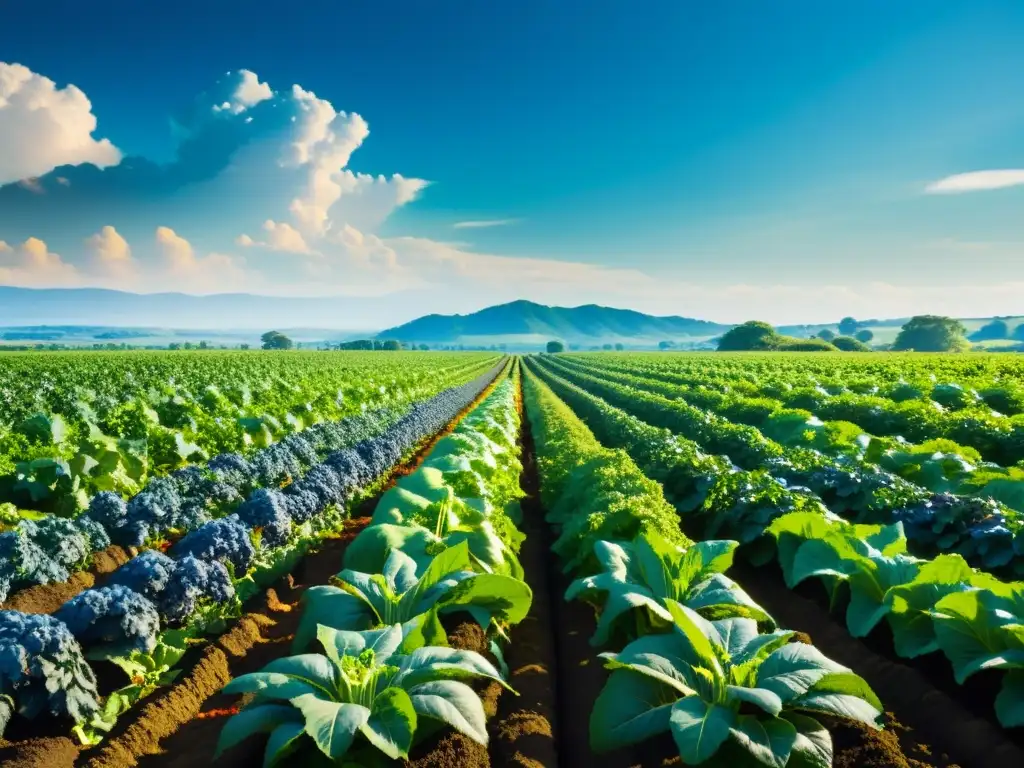 Campo orgánico exuberante con cultivos vibrantes, suelo fértil y vitalidad en el aire