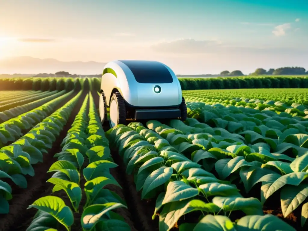 Un campo orgánico exuberante con cultivos verdes y una suave máquina agrícola robótica, iluminada por el cálido sol