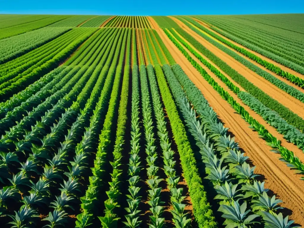 Campo orgánico exuberante con cultivos verdes bajo cielo azul, muestra el éxito del manejo integrado de plagas en agricultura orgánica