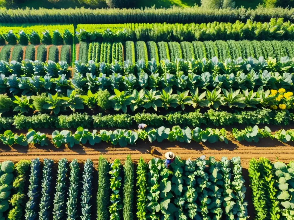 Un campo orgánico exuberante con cultivos ordenados y diversas frutas y verduras resaltando bajo un cielo azul