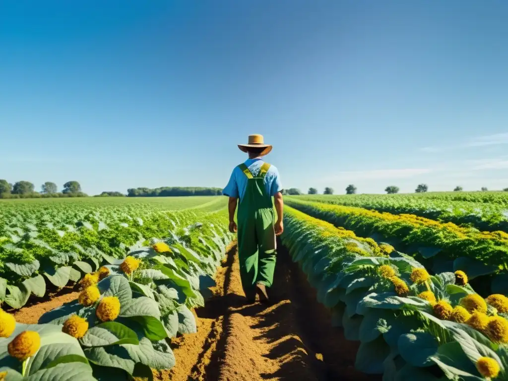 Campo orgánico exuberante con cultivos sostenibles, abejas, sol y un agricultor que encarna las políticas agrícolas de huella de carbono en alimentos