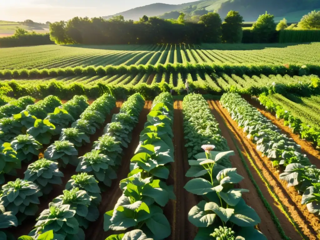 Un campo orgánico exuberante, con cultivos ordenados bañados por la cálida luz del sol