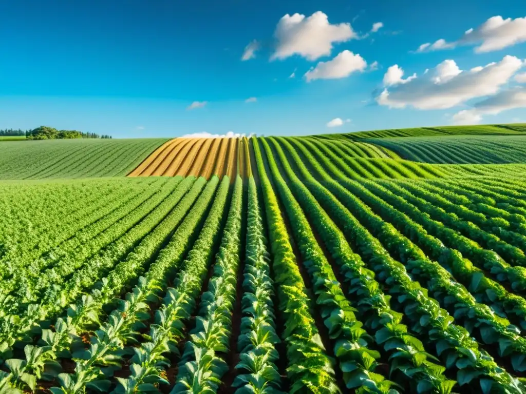 Un campo orgánico exuberante, cultivos verdes y saludables bajo un cálido sol dorado