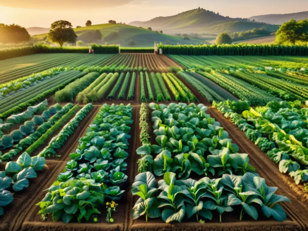 Un campo orgánico exuberante y detallado bañado por la cálida luz dorada del atardecer