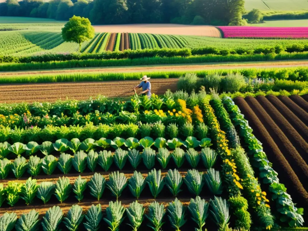 Un campo orgánico exuberante con diversidad microbiana suelo orgánico, cultivado con esmero por un agricultor entre flores silvestres vibrantes