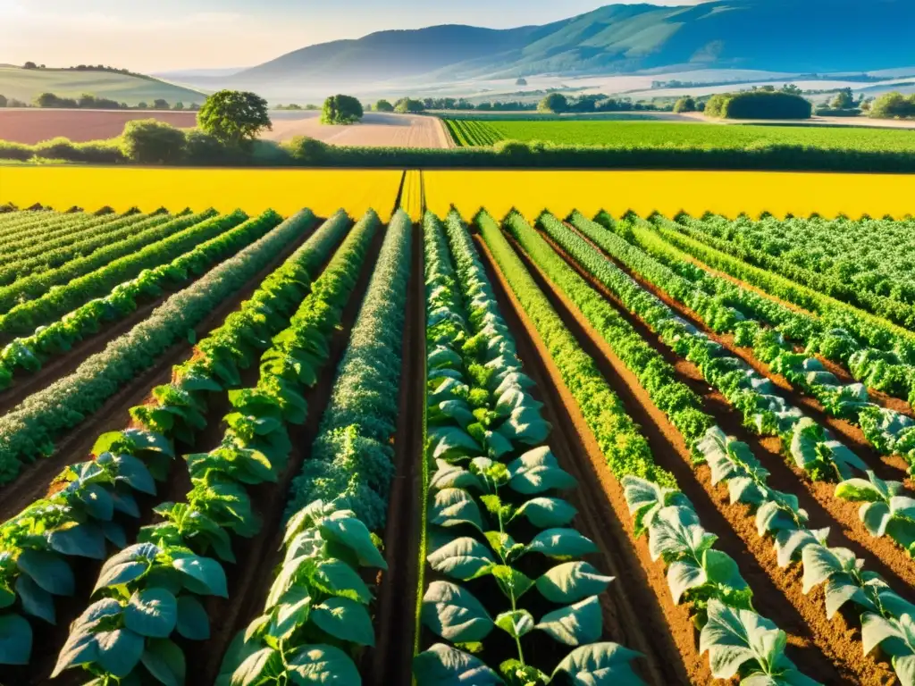 Un campo orgánico exuberante y diverso, bañado por la cálida luz dorada del sol