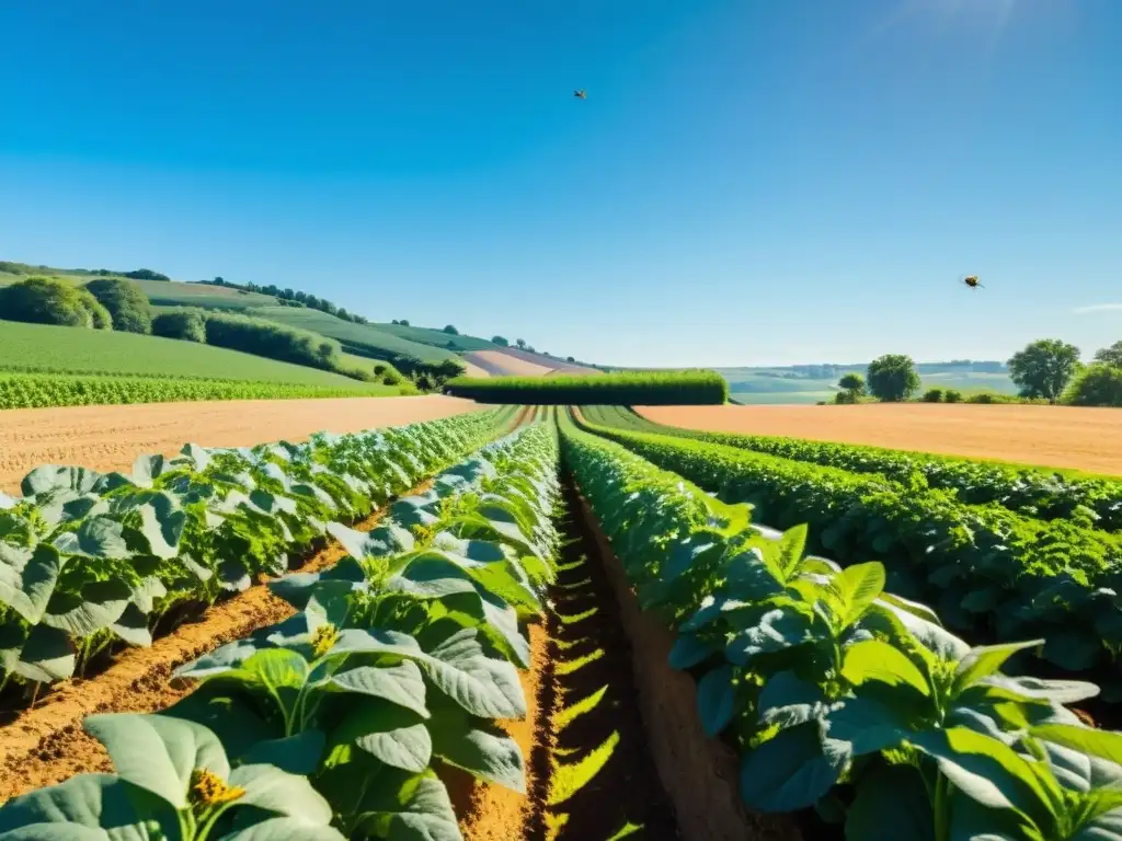 Un campo orgánico exuberante y diverso con cultivos verdes bajo el sol