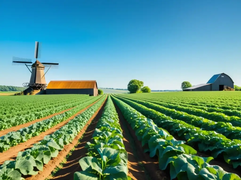 Un campo orgánico exuberante y extenso con cultivos vibrantes bajo el cielo azul