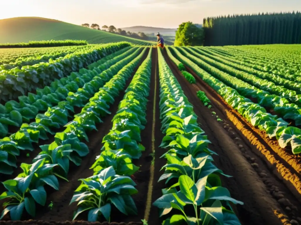 Un campo orgánico exuberante y fértil con filas de cultivos verdes