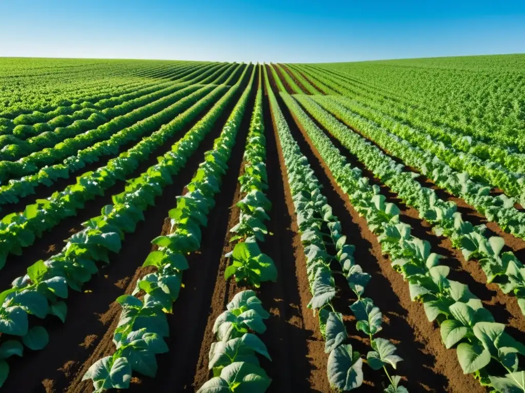 Campo orgánico exuberante, fértil y lleno de vitalidad bajo el cielo azul, resaltando la importancia del pH en la agricultura orgánica