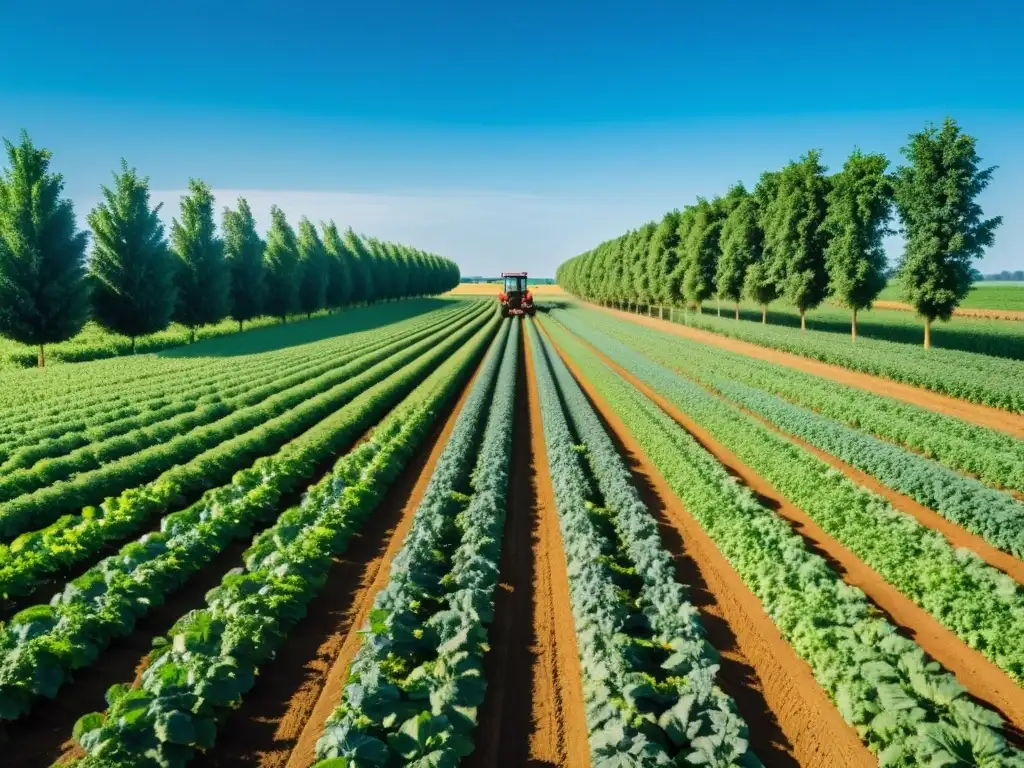 Un campo orgánico exuberante con filas ordenadas de cultivos se extiende hasta el horizonte, con árboles y cielo azul