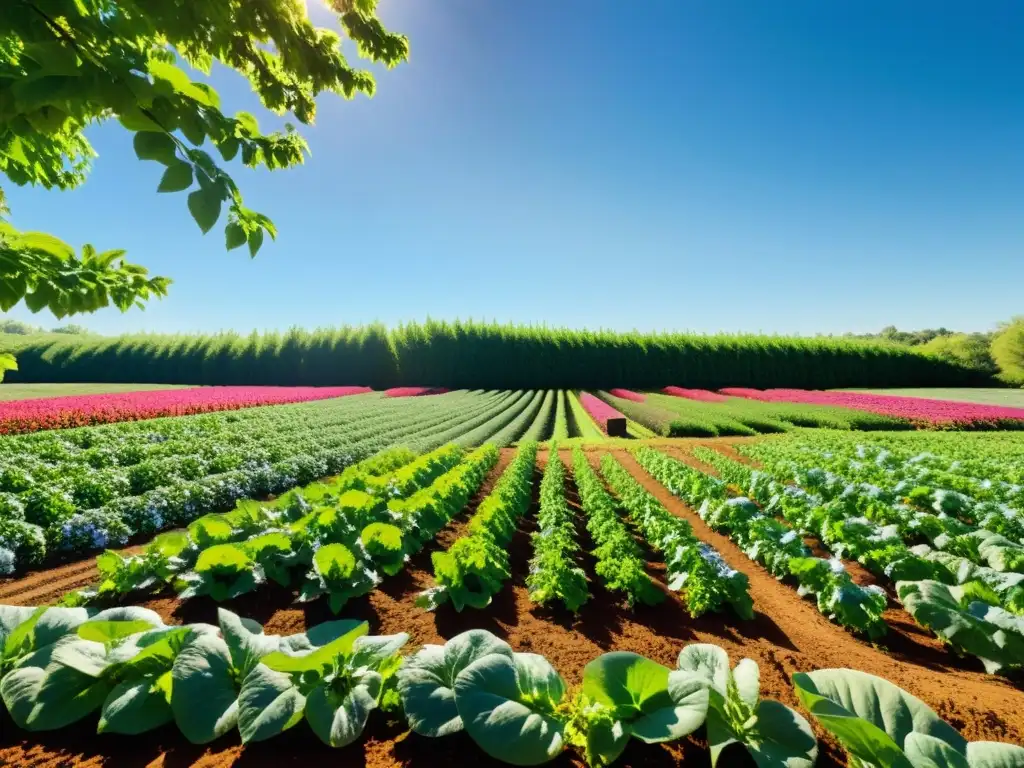 Un campo orgánico exuberante, con hileras de vegetales vibrantes bajo un cielo azul brillante