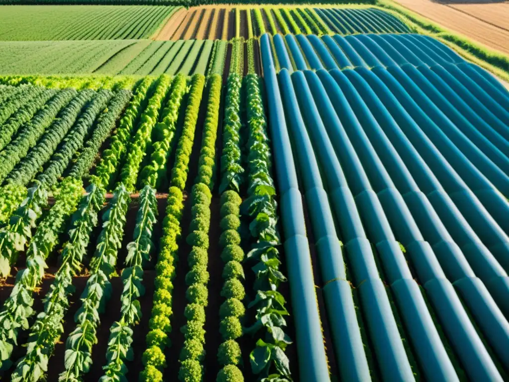 Un campo orgánico exuberante con hileras de verduras verdes vibrantes bajo el cálido sol