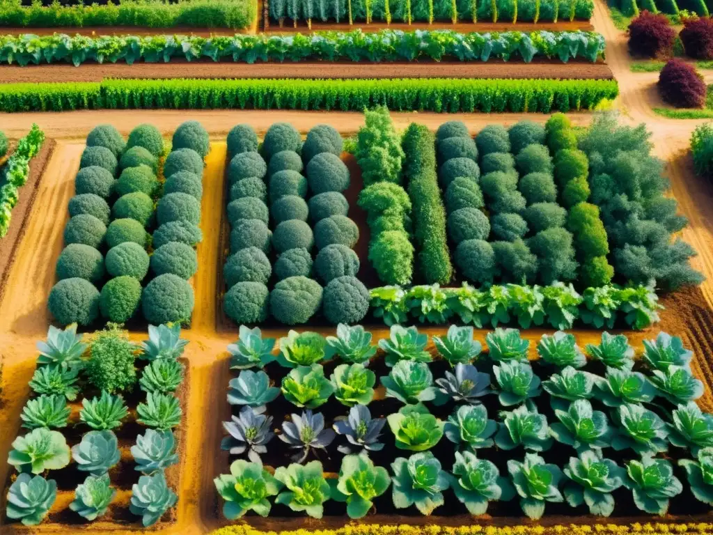 Un campo orgánico exuberante con hileras de vegetales y frutas bañados por la luz dorada del sol