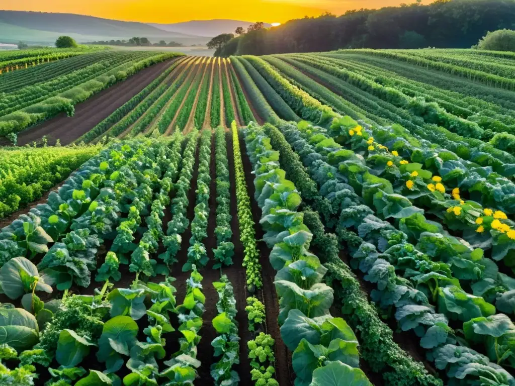 Un campo orgánico exuberante, lleno de verduras y frutas vibrantes bajo la luz dorada del atardecer