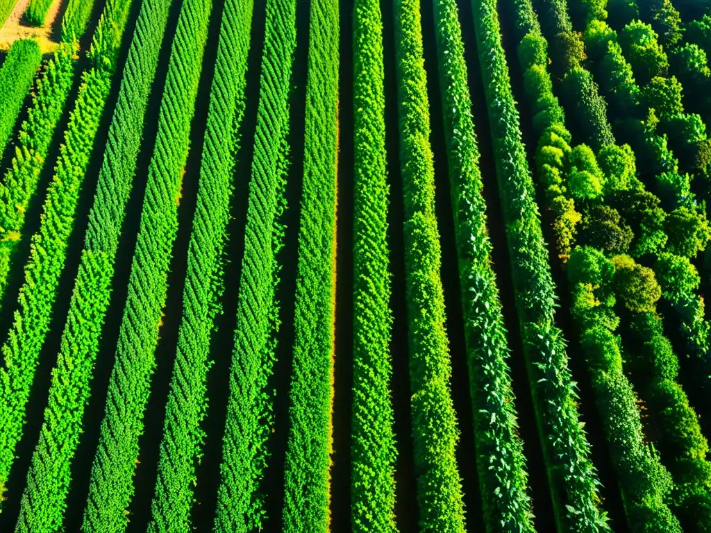 Un campo orgánico exuberante y ordenado, iluminado por el sol, muestra el cuidado meticuloso en el control de malezas en agricultura orgánica