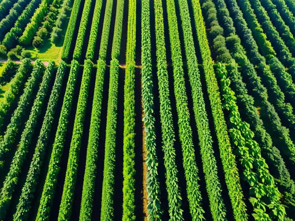 Un campo orgánico exuberante y ordenado se extiende hasta el horizonte bajo un cielo azul claro